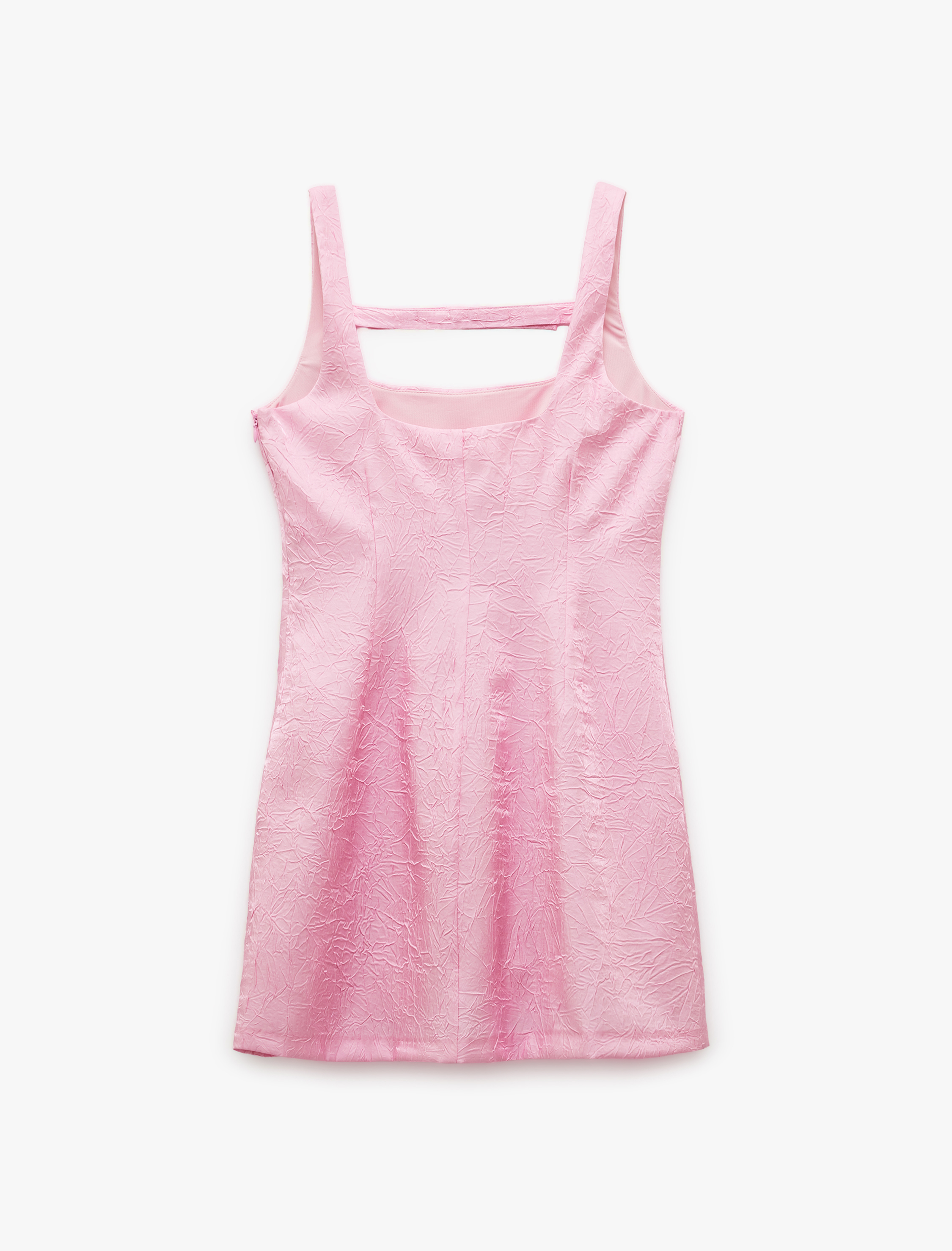   Kare Yaka Fiyonk Detaylı Dokulu Askılı Saten Mini Elbise