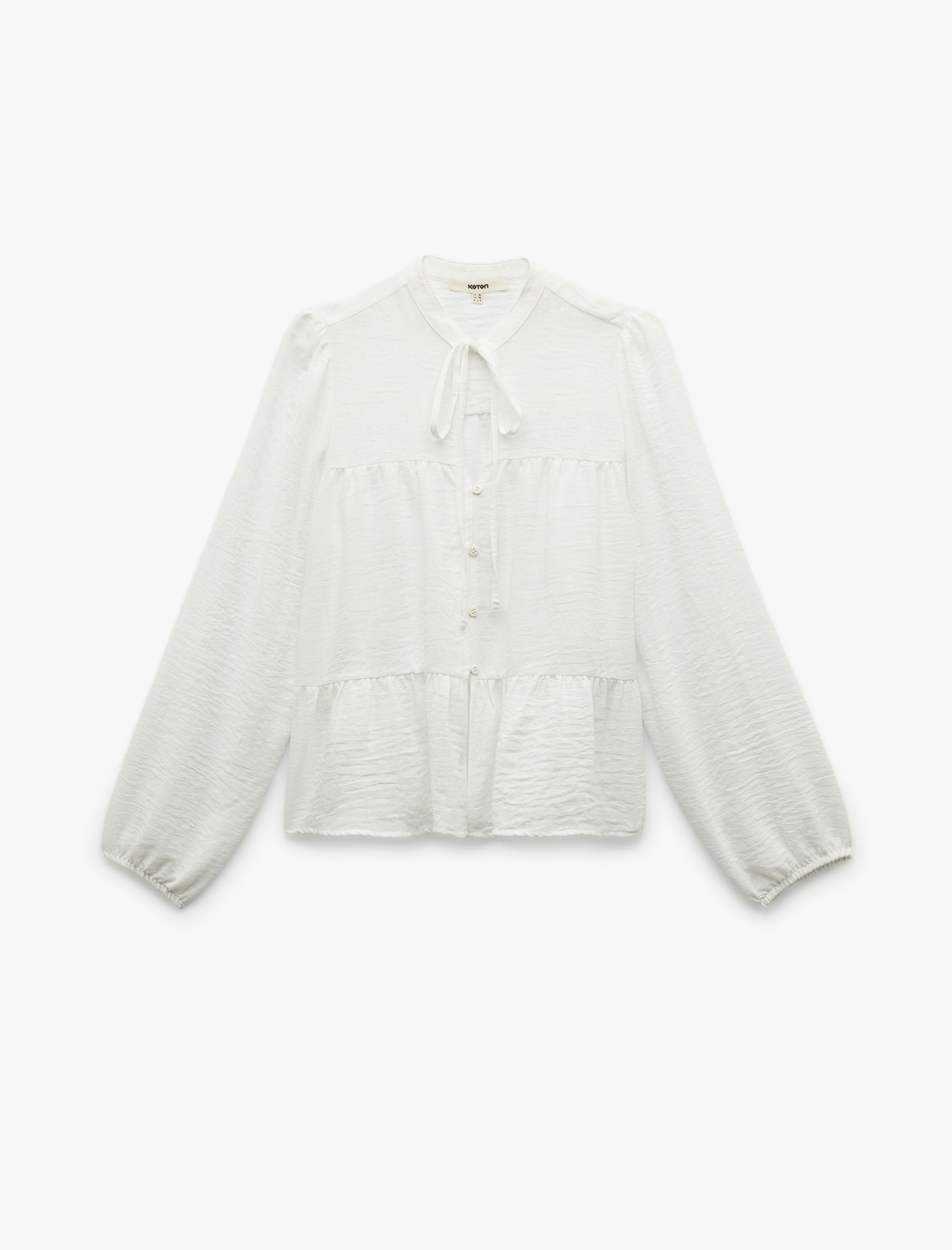   Keten Görünümlü Uzun Balon Kollu Fiyonklu Hakim Yaka Bağlama Detaylı Bluz