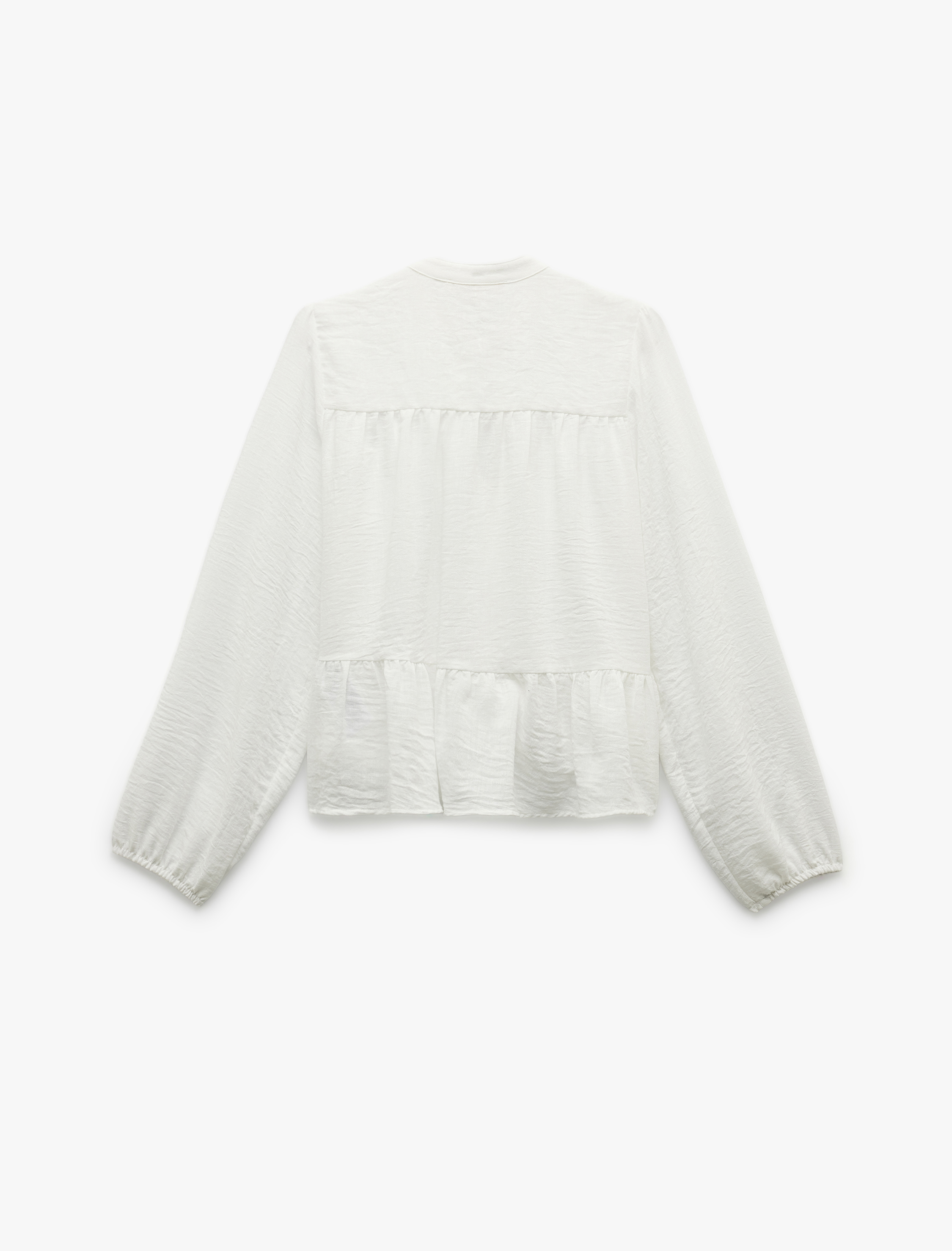   Keten Görünümlü Uzun Balon Kollu Fiyonklu Hakim Yaka Bağlama Detaylı Bluz