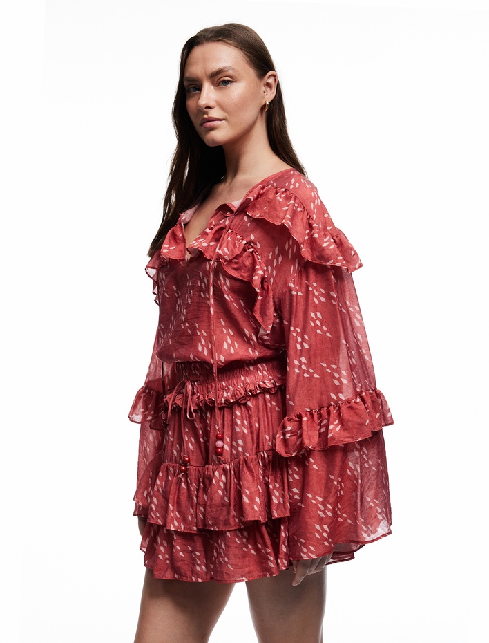  Koton X Melis Ağazat - Desenli Beli Lastikli Bağlamalı Katmanlı Fırfırlı Mini Etek