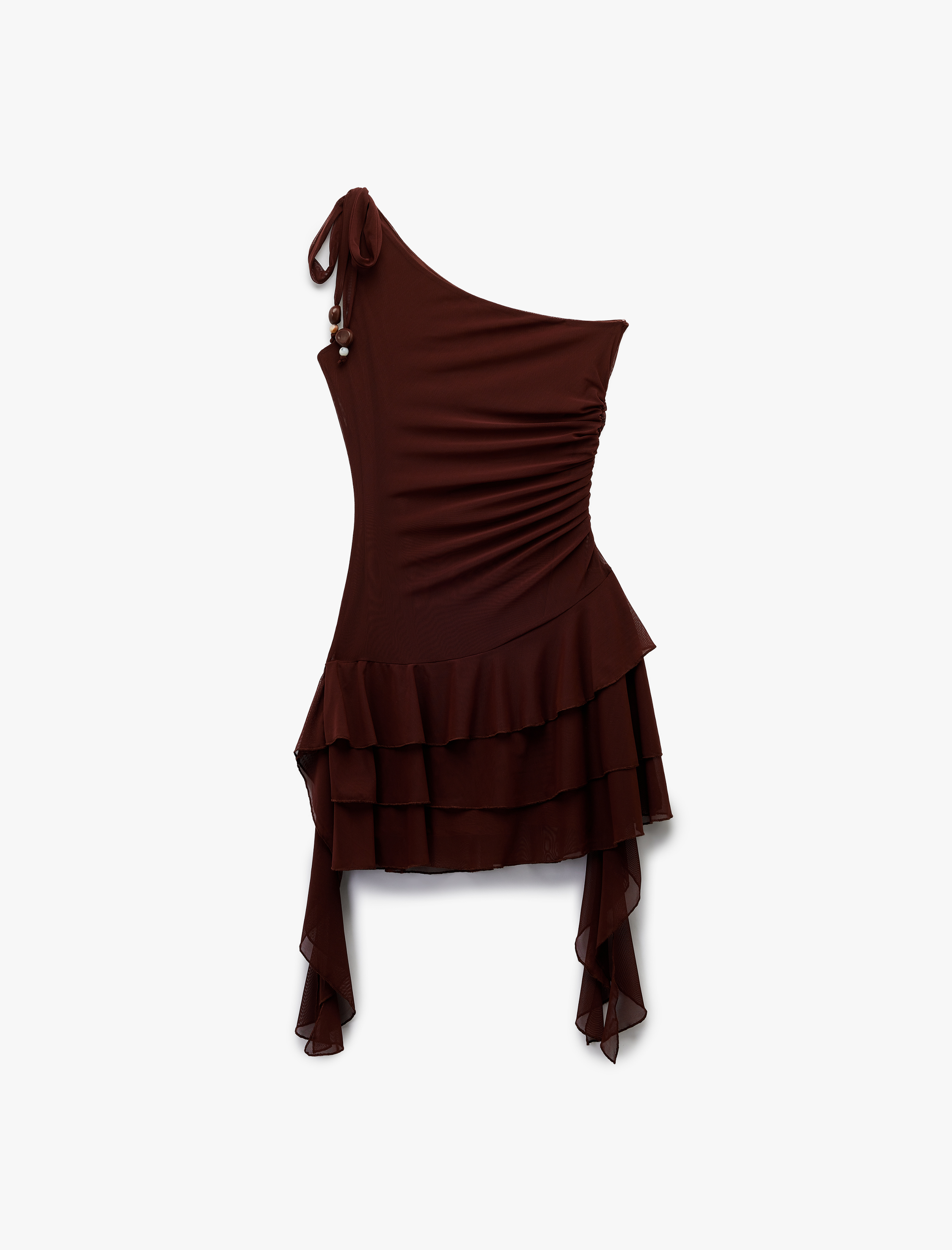   Koton X Melis Ağazat - Astarlı Asimetrik Kesim Boncuk Detaylı Fırfırlı Mini Tek Omuz Elbise