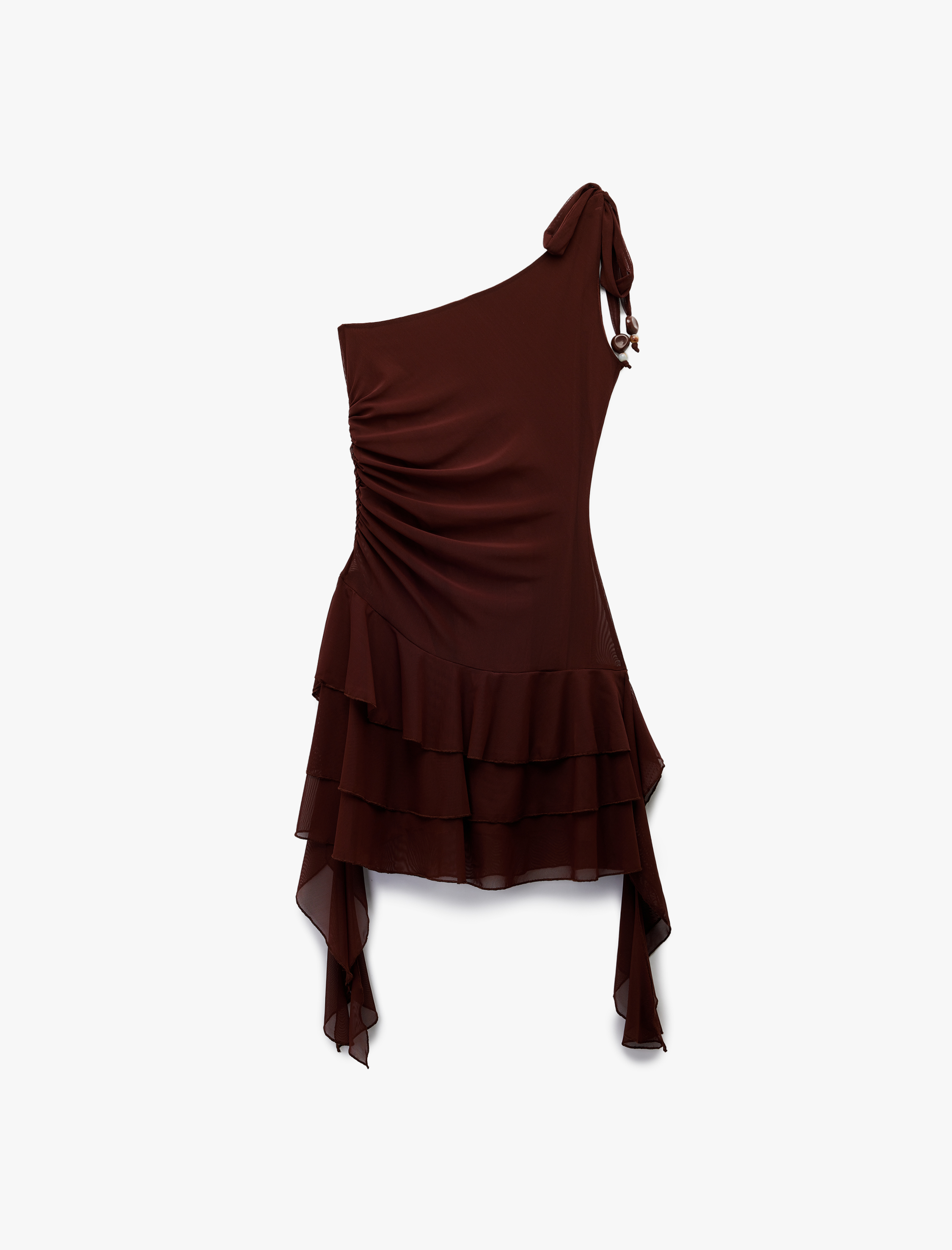   Koton X Melis Ağazat - Astarlı Asimetrik Kesim Boncuk Detaylı Fırfırlı Mini Tek Omuz Elbise