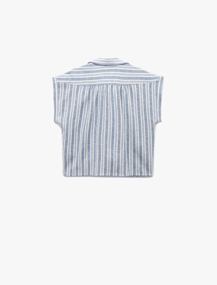  Keten Karışımlı Kısa Kollu Kaçık Gömlek Yaka Bluz