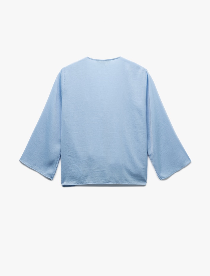  Aerobin Kumaş V Yaka Geniş Kol Fiyonklu Önden Bağlama Detaylı Bluz