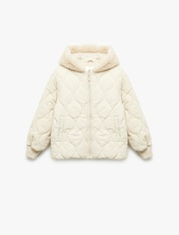 Uzun Kollu Polar Astarlı Fermuarlı Kapitone Kapşonlu Mont