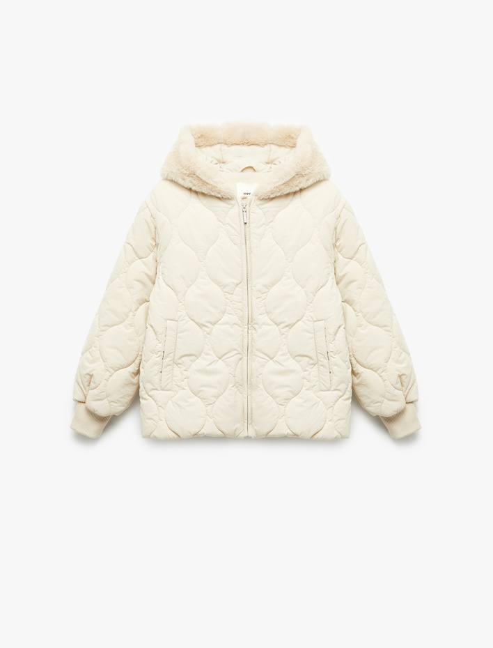 Kız Çocuk Uzun Kollu Polar Astarlı Fermuarlı Kapitone Kapşonlu Mont