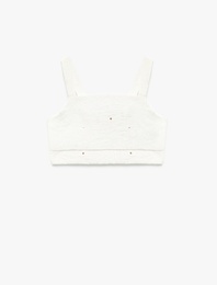 Kare Yaka Dokulu Askılı Viskon Crop Bluz