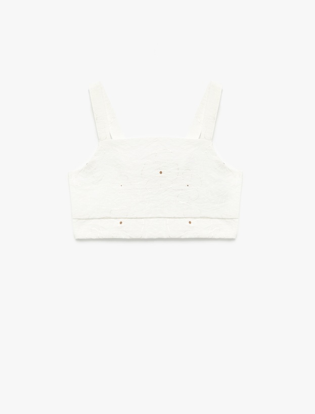 Kare Yaka Dokulu Askılı Viskon Crop Bluz_0