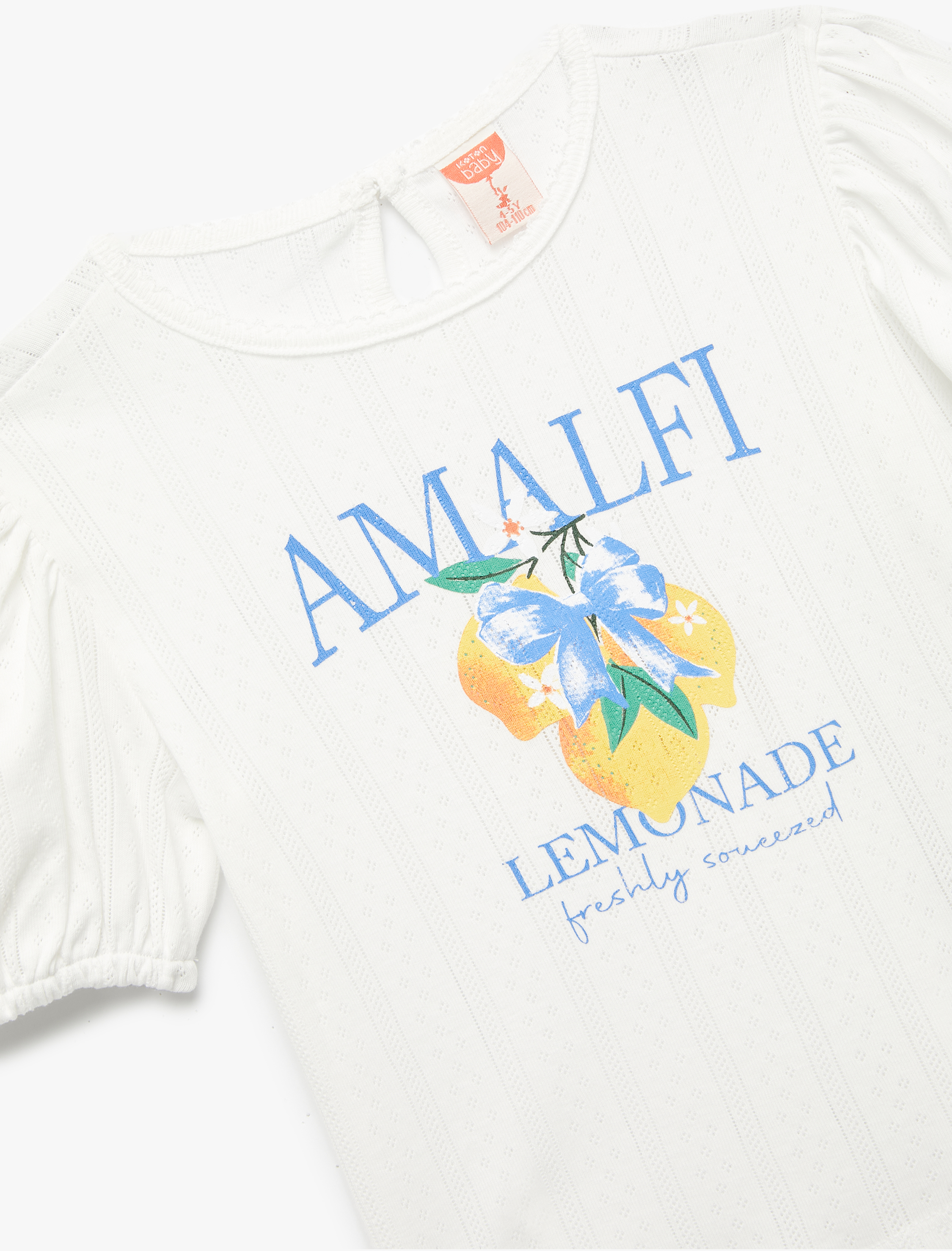  Kız Bebek Limon Baskılı Pamuklu Bisiklet Yaka Balon Kollu Tişört