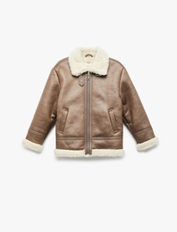 Peluş Yaka Uzun Kollu Cepli Fermuarlı Suni Deri Ceket