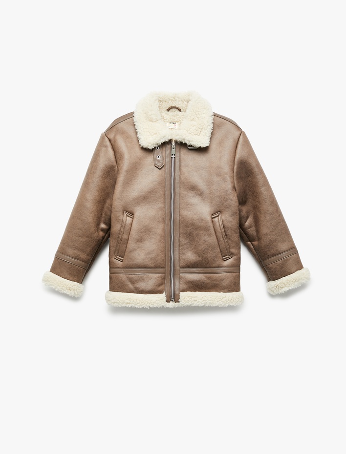 Erkek Çocuk Peluş Yaka Uzun Kollu Cepli Fermuarlı Suni Deri Ceket