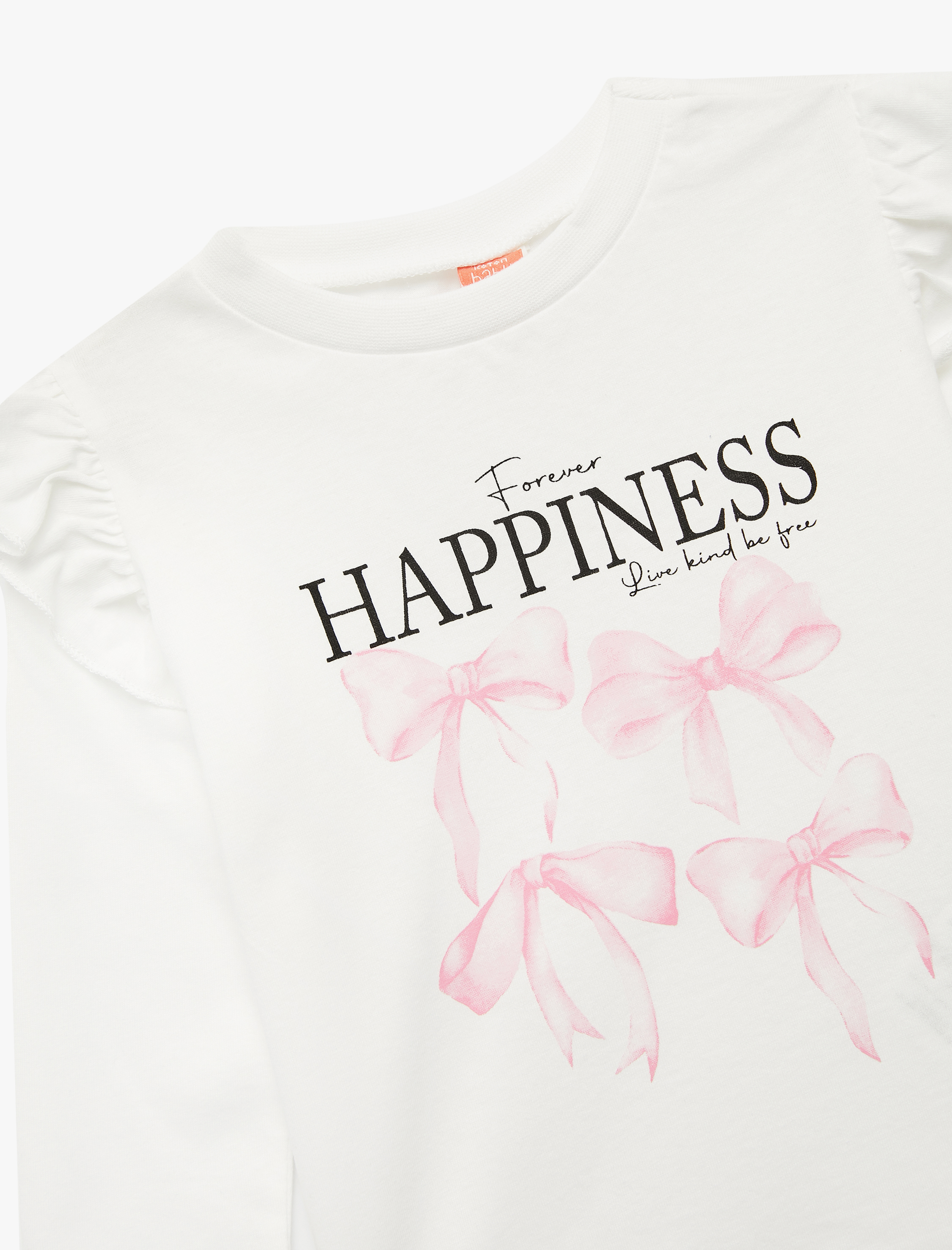  Kız Bebek Fiyonk Baskılı Uzun Kollu Bisiklet Yaka Pamuklu Tişört