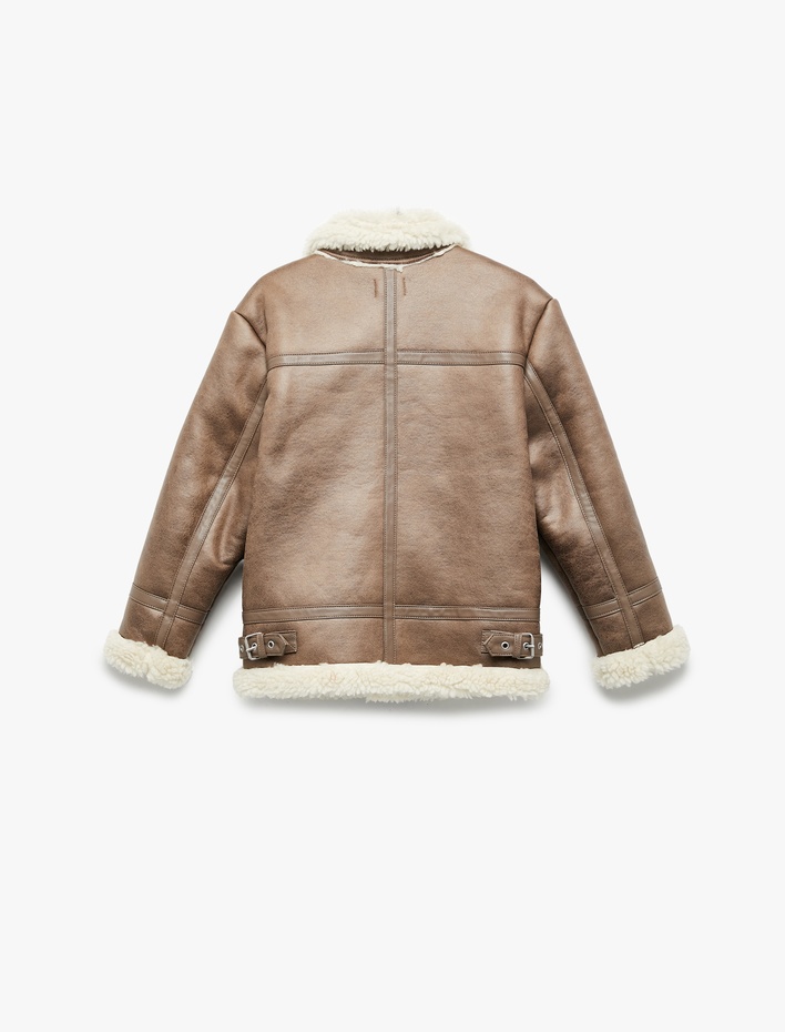 Erkek Çocuk Peluş Yaka Uzun Kollu Cepli Fermuarlı Suni Deri Ceket