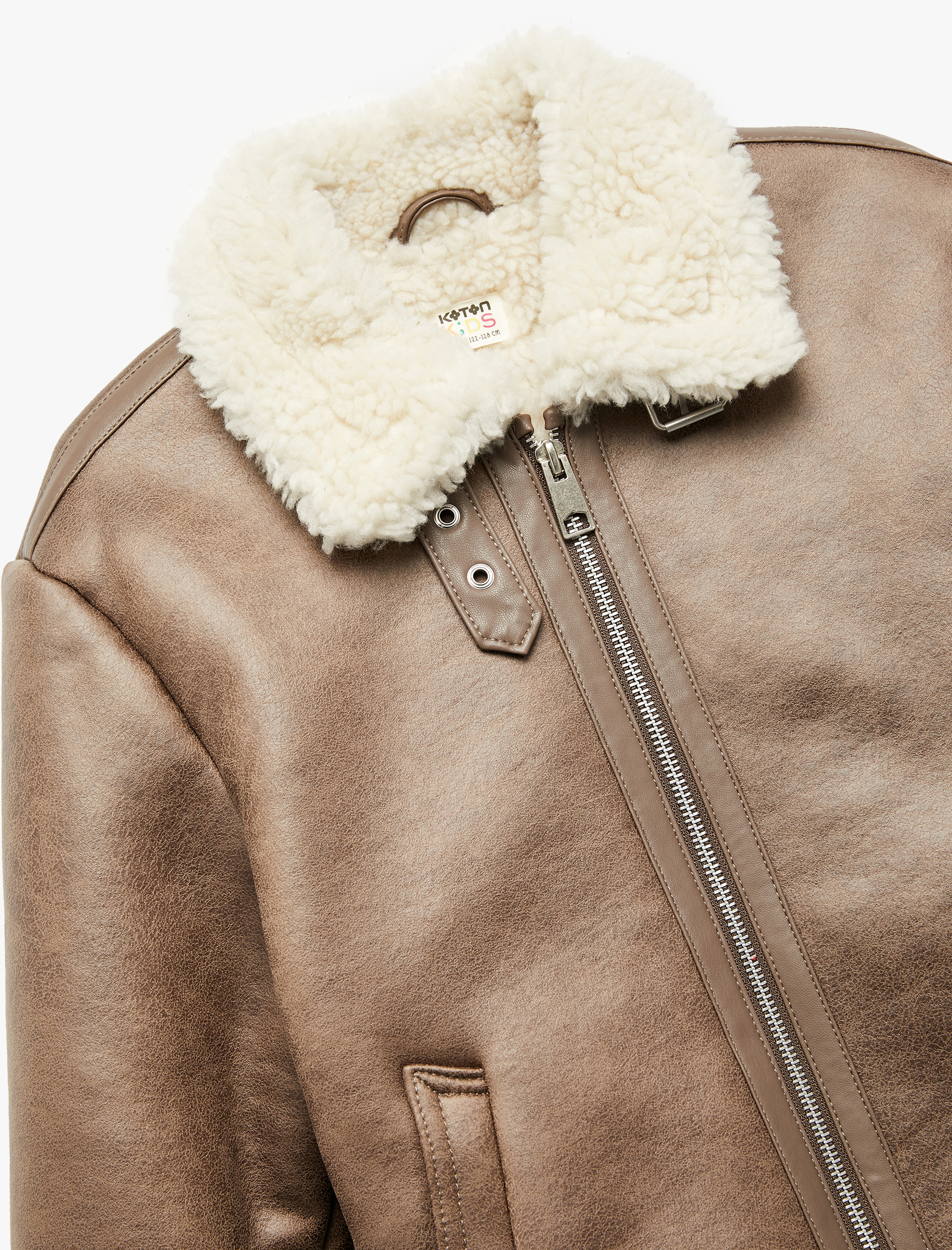  Erkek Çocuk Peluş Yaka Uzun Kollu Cepli Fermuarlı Suni Deri Ceket