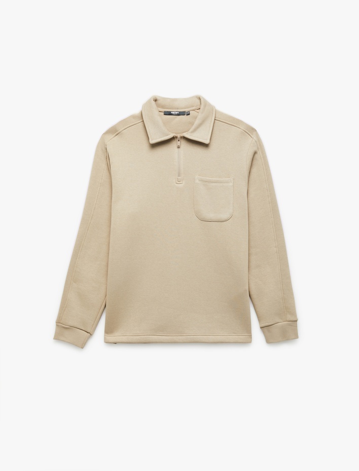  Şardonlu Cep Detaylı Uzun Kollu Fermuarlı Polo Yaka Sweatshirt