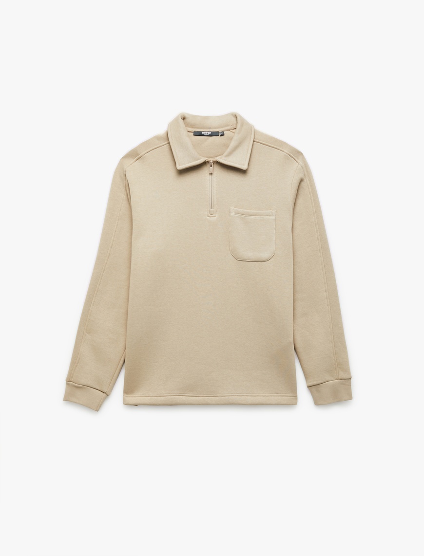   Şardonlu Cep Detaylı Uzun Kollu Fermuarlı Polo Yaka Sweatshirt
