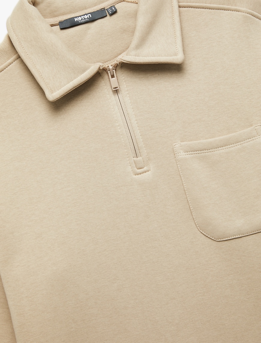   Şardonlu Cep Detaylı Uzun Kollu Fermuarlı Polo Yaka Sweatshirt