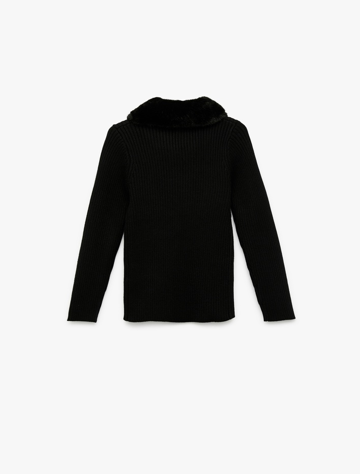 Kız Çocuk Uzun Kollu Peluş Yaka Viskon Karışımlı Fermuarlı Triko Hırka