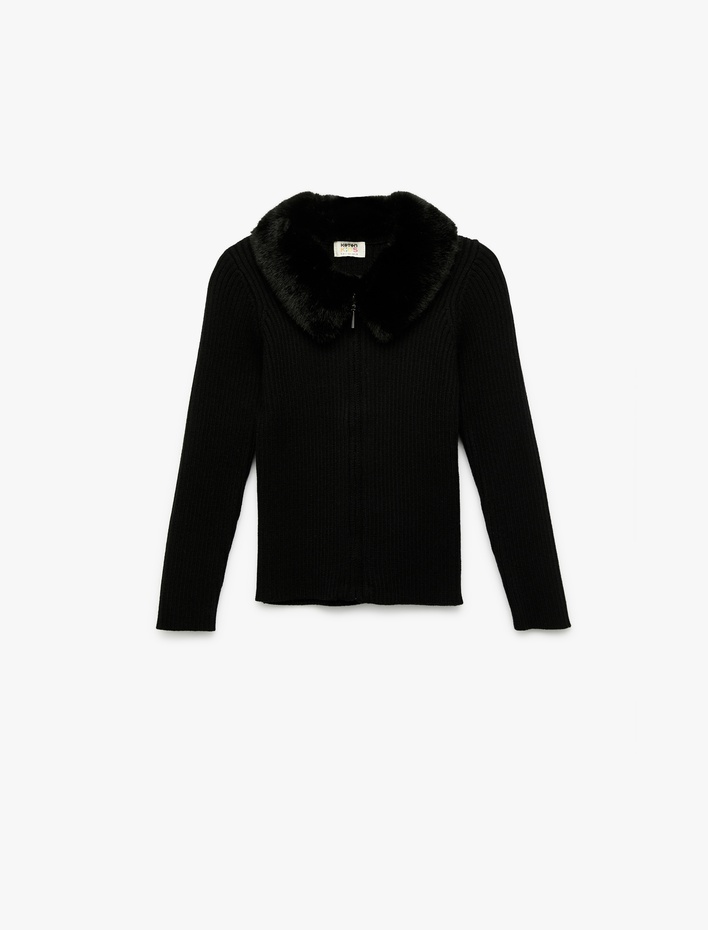 Kız Çocuk Uzun Kollu Peluş Yaka Viskon Karışımlı Fermuarlı Triko Hırka