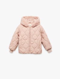 Uzun Kollu Polar Astarlı Fermuarlı Kapitone Kapşonlu Mont