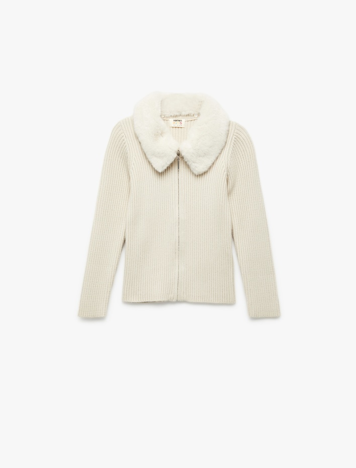 Kız Çocuk Uzun Kollu Peluş Yaka Viskon Karışımlı Fermuarlı Triko Hırka