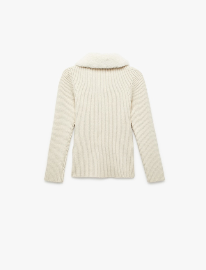 Kız Çocuk Uzun Kollu Peluş Yaka Viskon Karışımlı Fermuarlı Triko Hırka