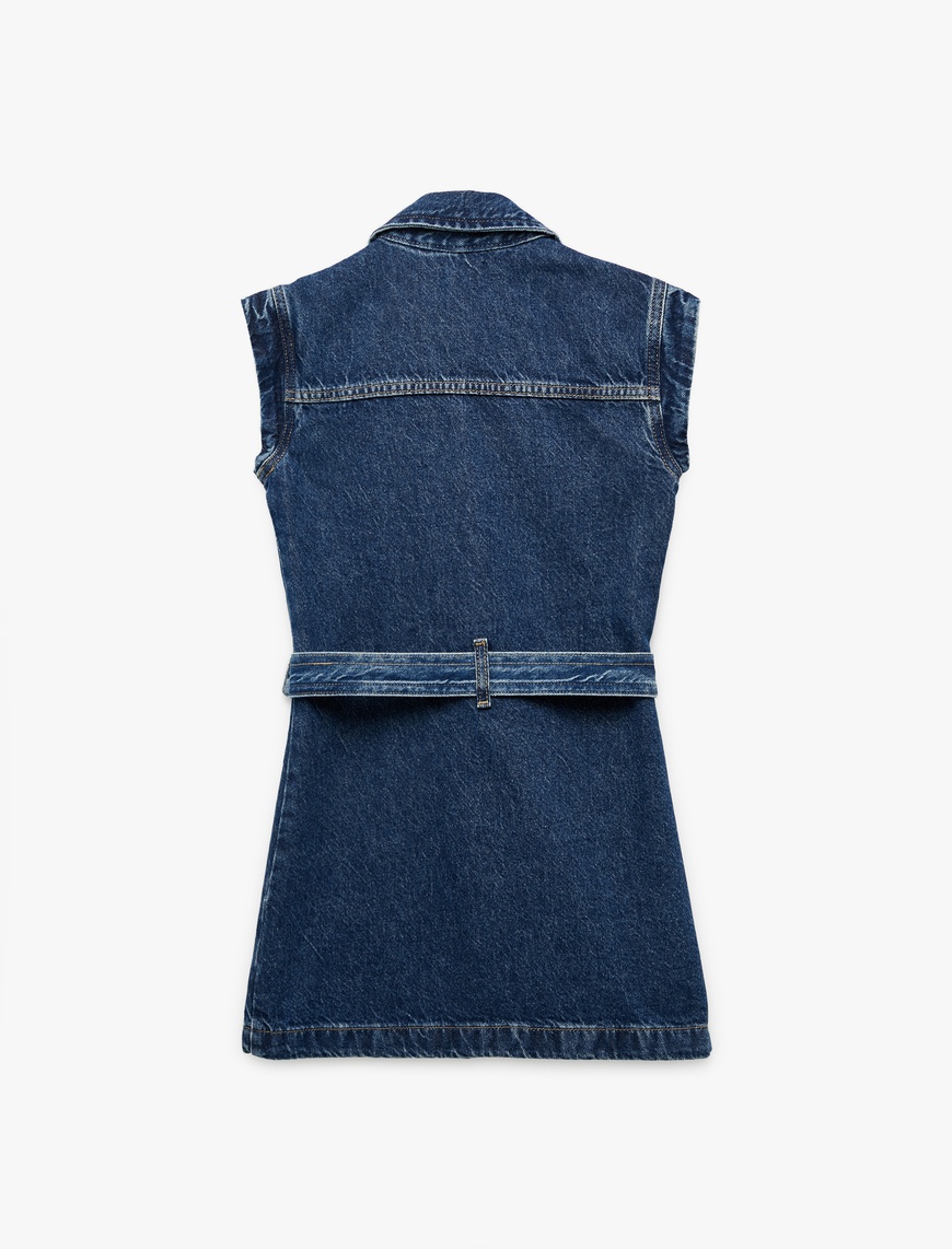  Kız Çocuk Pamuklu Kemer Detaylı Gömlek Yaka Denim Elbise