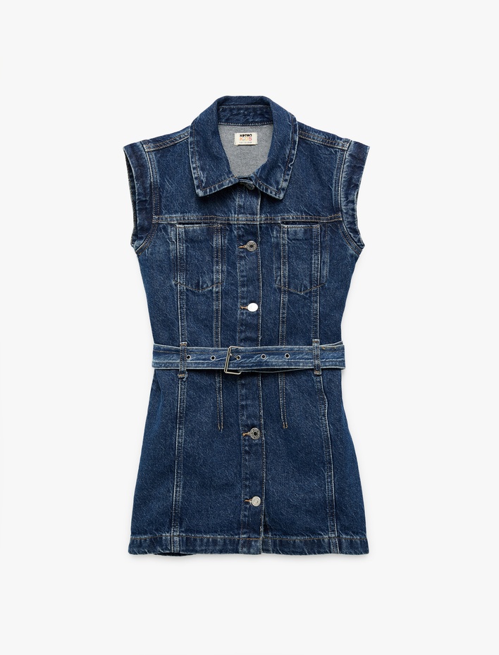 Kız Çocuk Pamuklu Kemer Detaylı Gömlek Yaka Denim Elbise