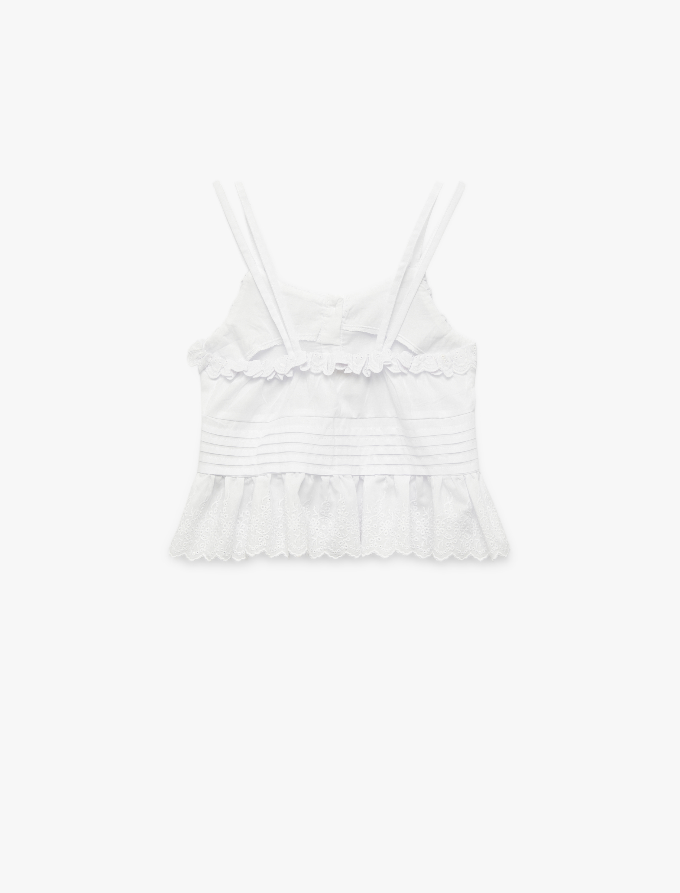  Kız Çocuk Pamuklu Fırfır Detaylı Brodeli Askılı Crop Bluz