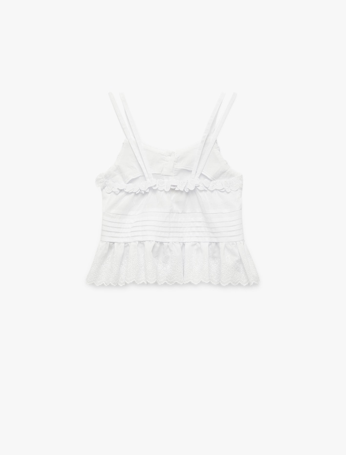 Kız Çocuk Pamuklu Fırfır Detaylı Brodeli Askılı Crop Bluz