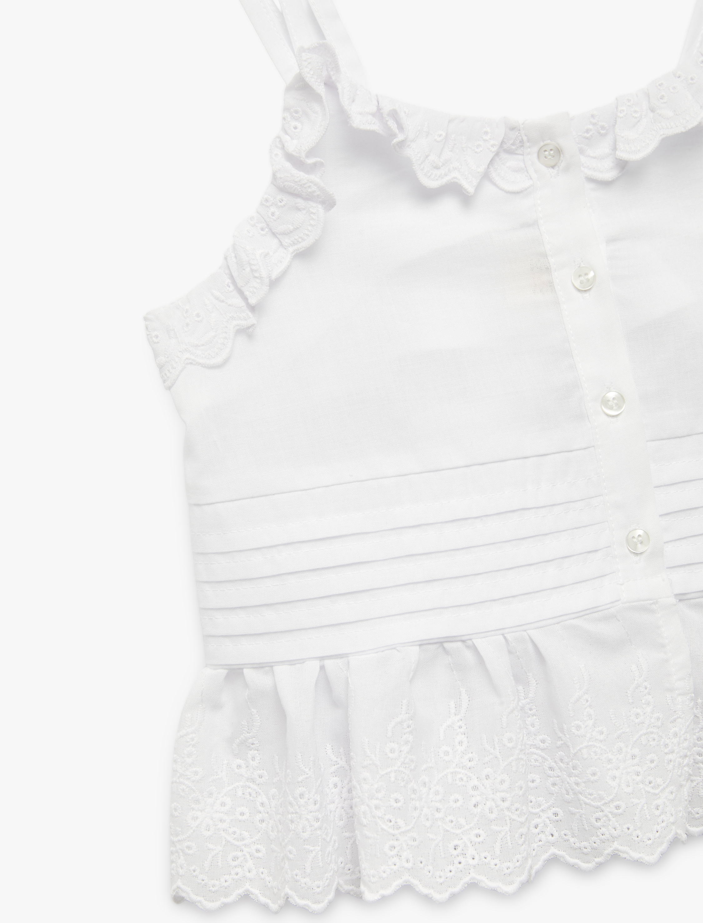  Kız Çocuk Pamuklu Fırfır Detaylı Brodeli Askılı Crop Bluz