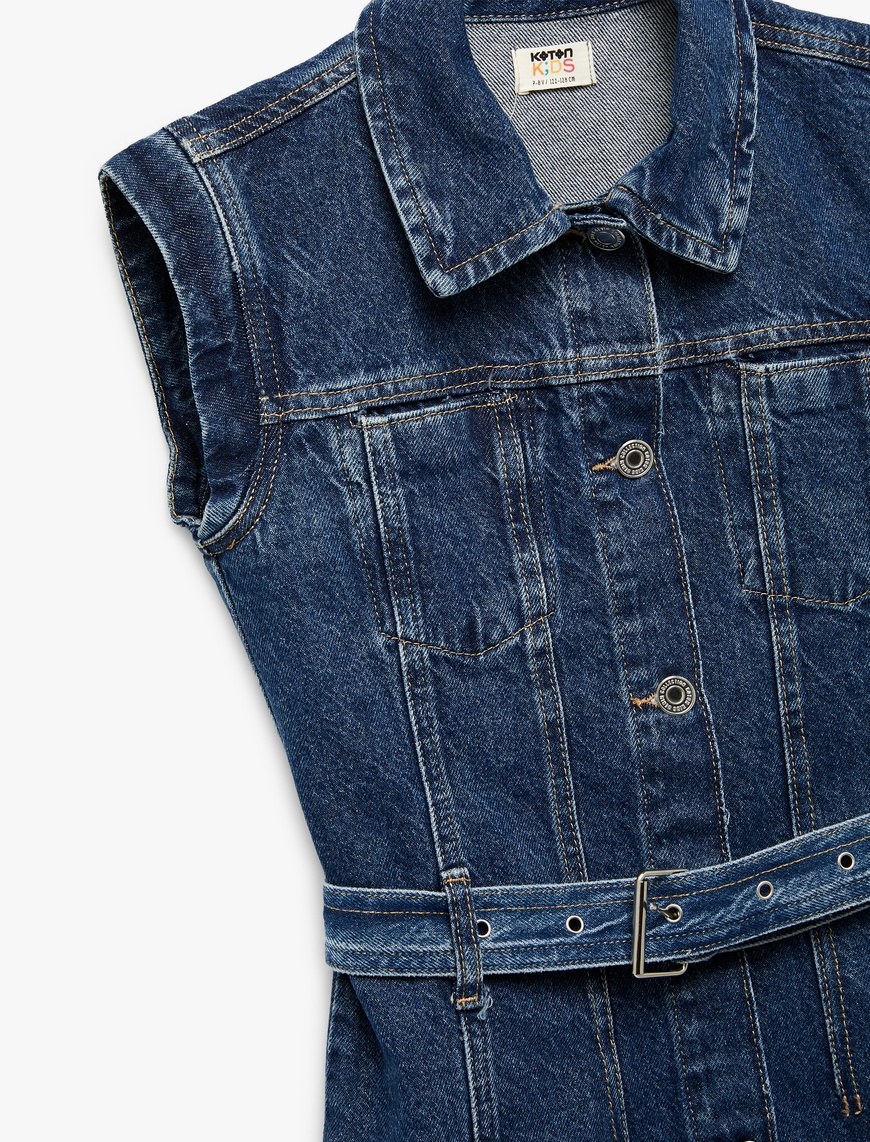  Kız Çocuk Pamuklu Kemer Detaylı Gömlek Yaka Denim Elbise