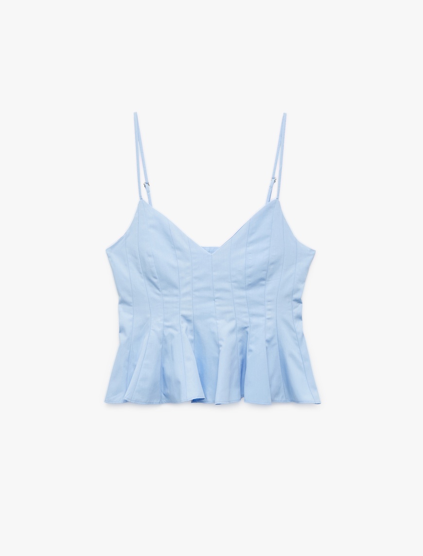   Koton X İnji - Volanlı V Yaka Pamuklu Askılı Slim Fit Dikiş Detaylı Crop Bluz