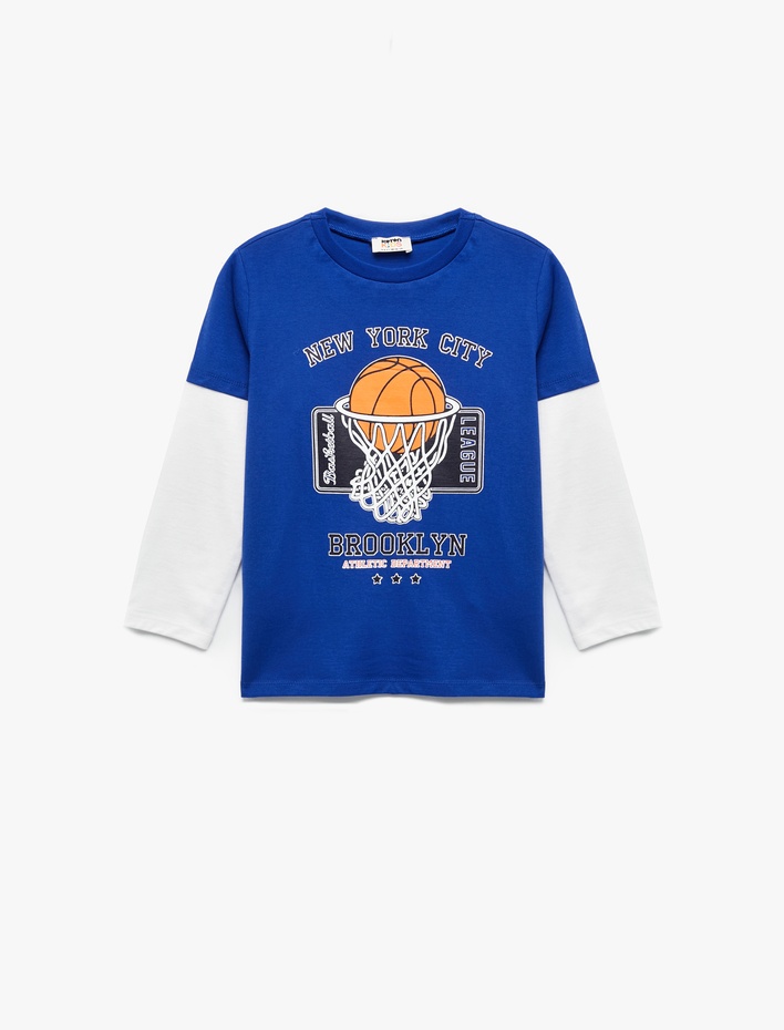 Erkek Çocuk Uzun Kollu Bisiklet Yaka Basketbol Baskılı Pamuklu Tişört