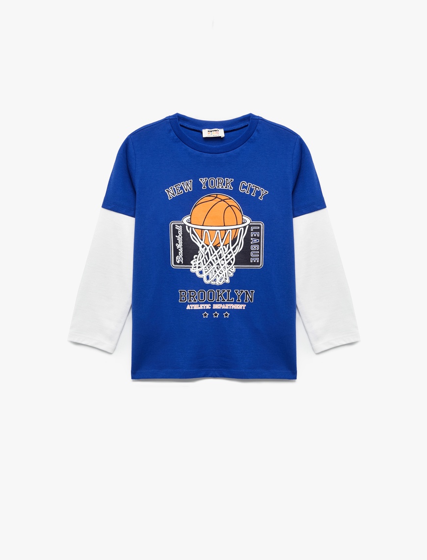  Erkek Çocuk Uzun Kollu Bisiklet Yaka Basketbol Baskılı Pamuklu Tişört