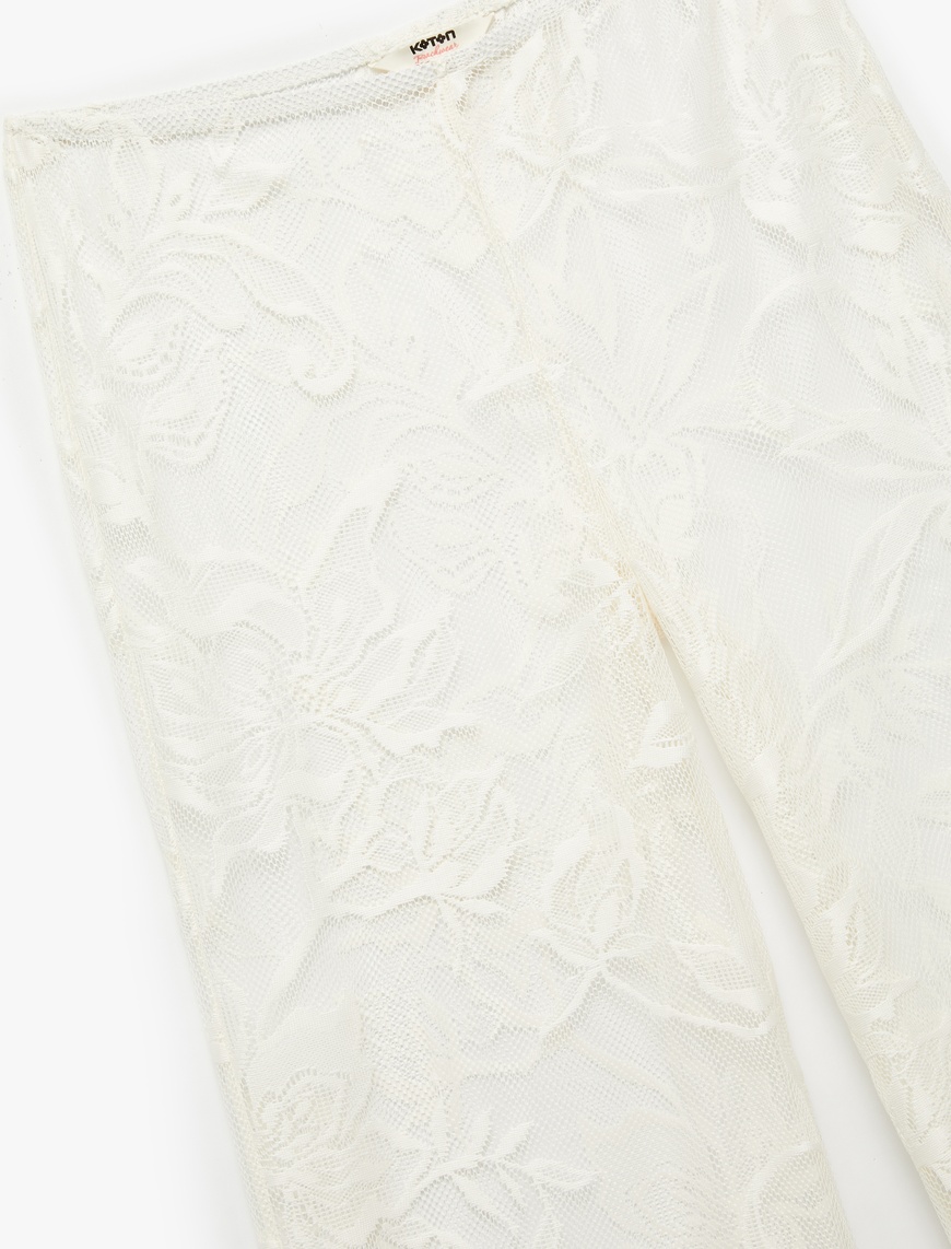   Transparan Floral Dokulu Geniş Paça Dantel Pareo Pantolon