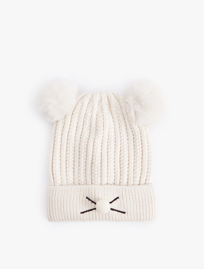 Erkek Bebek Ponpon Detaylı Kedi Figürlü Triko Bere