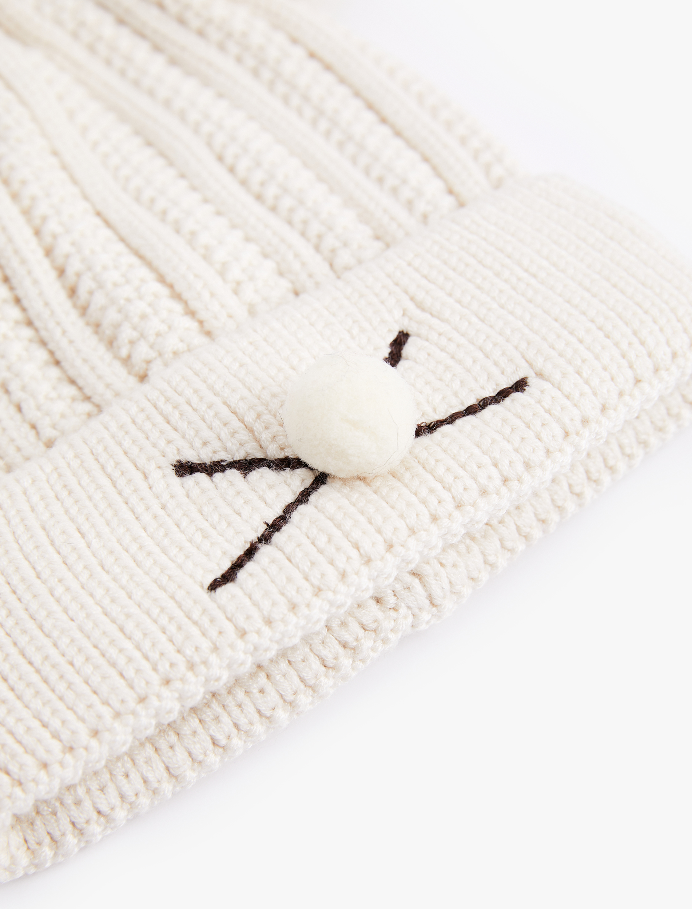 Erkek Bebek Ponpon Detaylı Kedi Figürlü Triko Bere