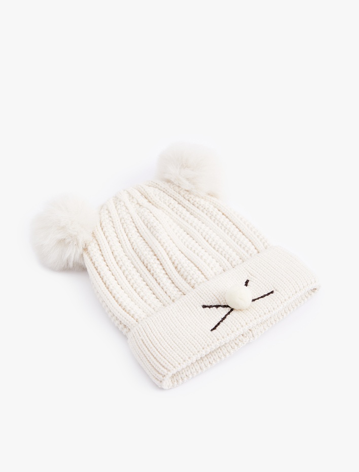 Erkek Bebek Ponpon Detaylı Kedi Figürlü Triko Bere