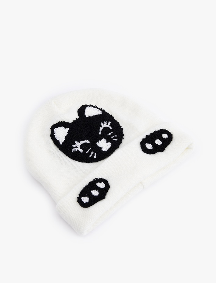 Kız Çocuk İşlemeli Kedi Desenli Triko Bere