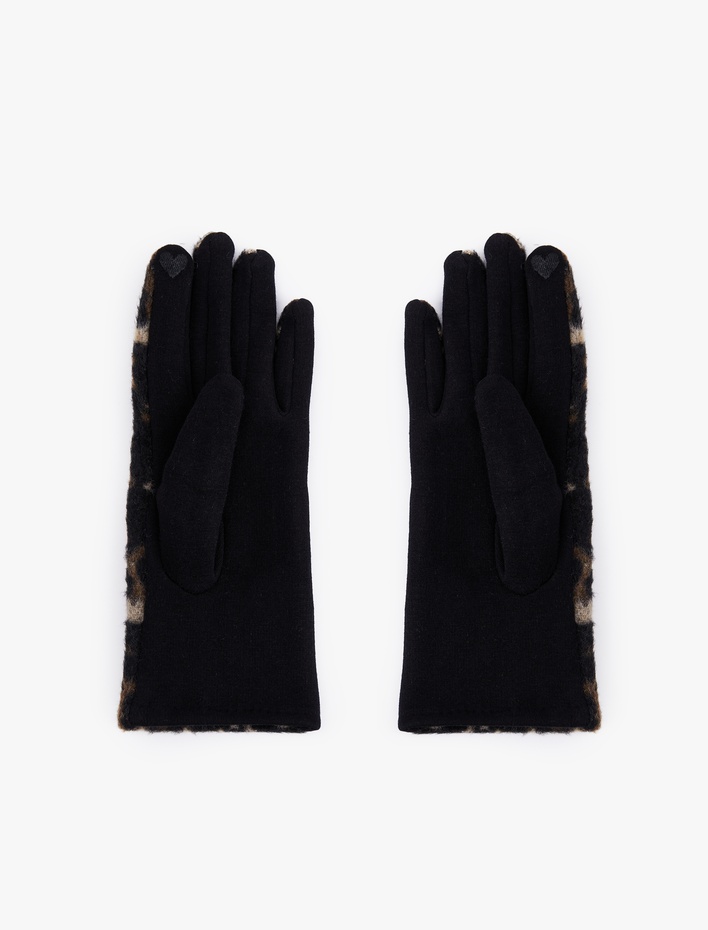 Kadın Kalp İşlemeli Leopar Desenli Eldiven