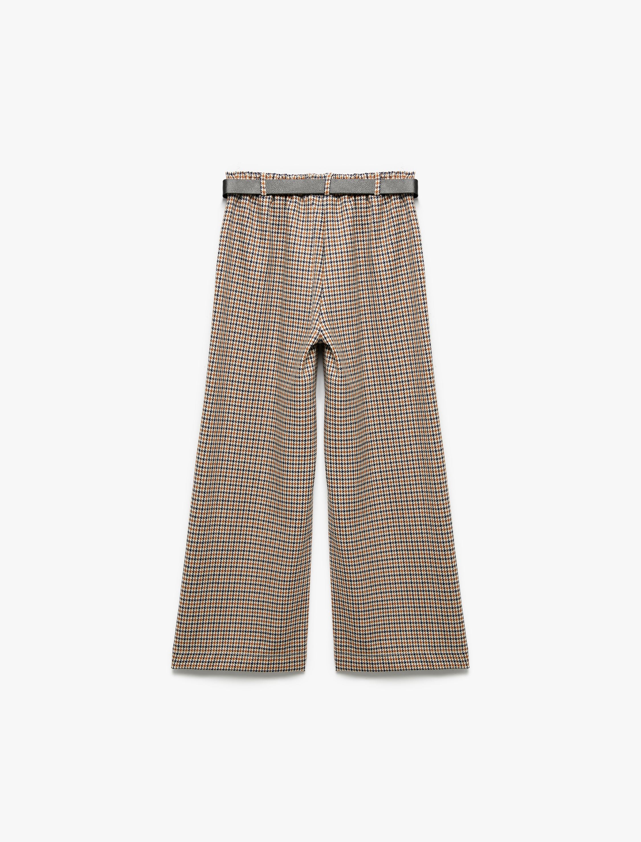  Kız Çocuk Kemer Detaylı Ekoseli Geniş Paça Pantolon