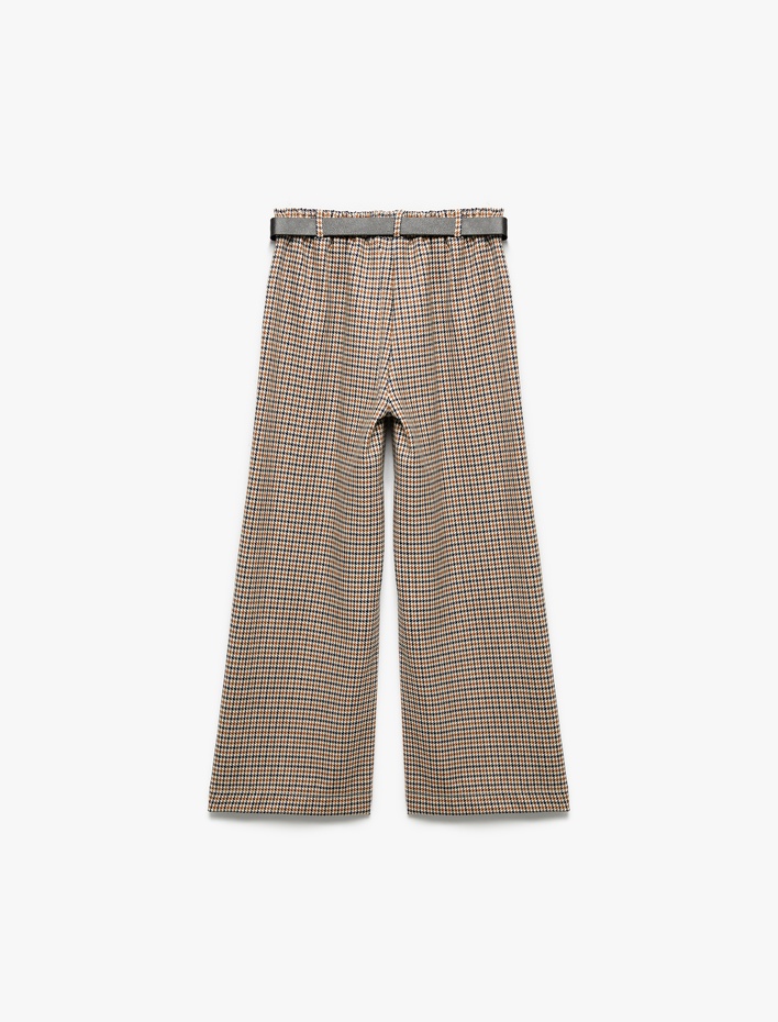 Kız Çocuk Kemer Detaylı Ekoseli Geniş Paça Pantolon