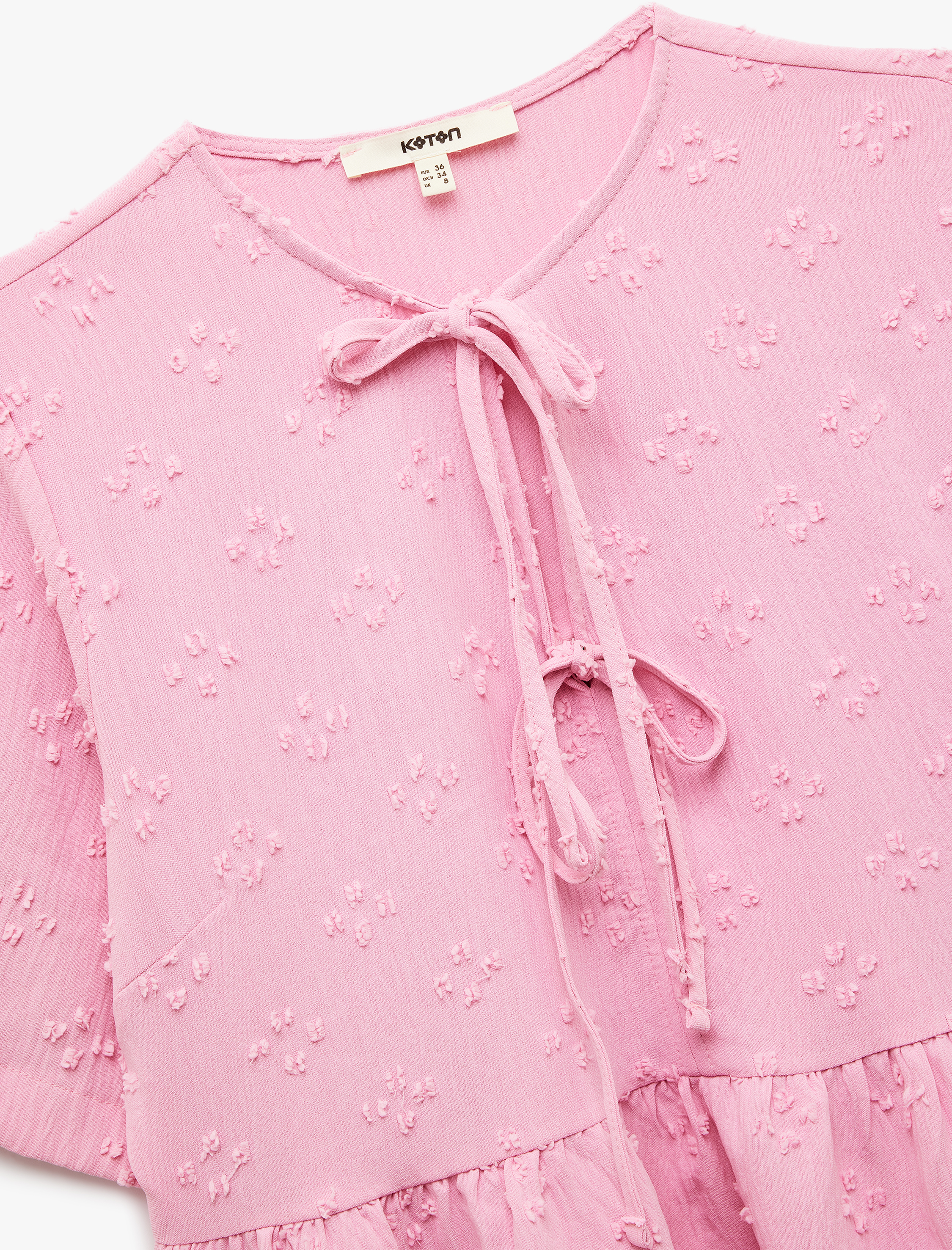   Kısa Kollu Fiyonk Detaylı Dokulu Önden Bağlamalı Bluz