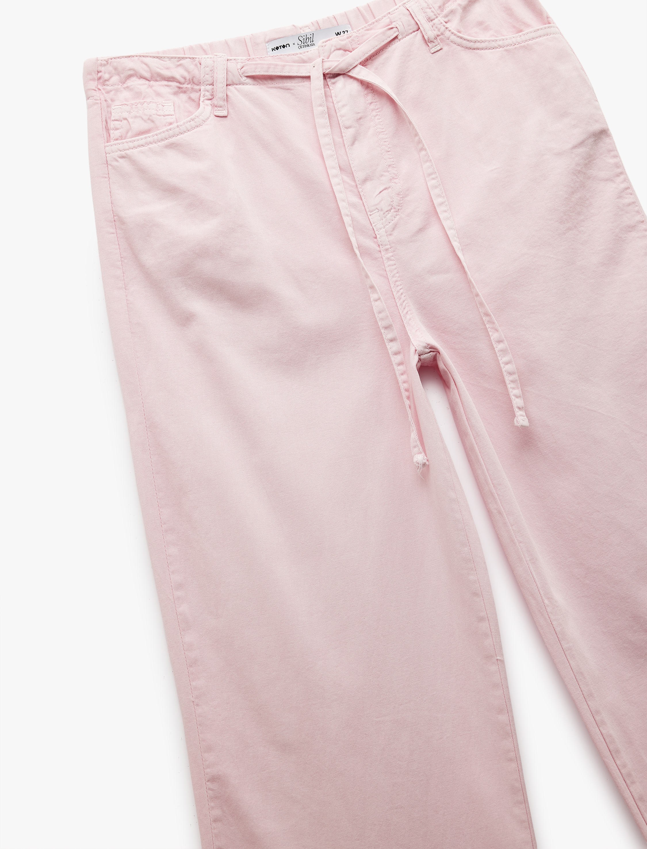   Koton X Sibil Çetinkaya - Beli Bağcıklı Pamuklu Düz Paça Cepli Pantolon - Loose Straight Fit Jeans