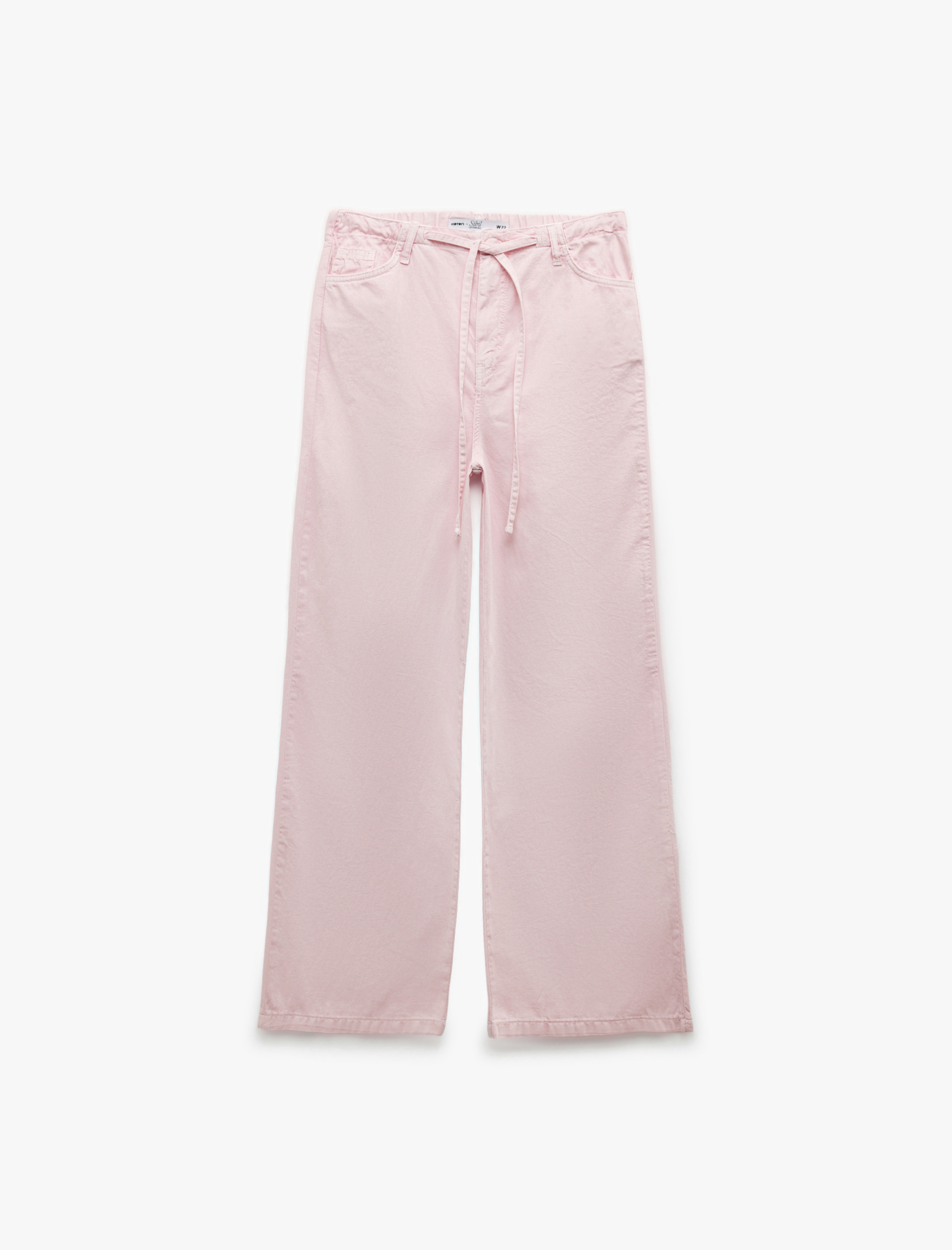   Koton X Sibil Çetinkaya - Beli Bağcıklı Pamuklu Düz Paça Cepli Pantolon - Loose Straight Fit Jeans