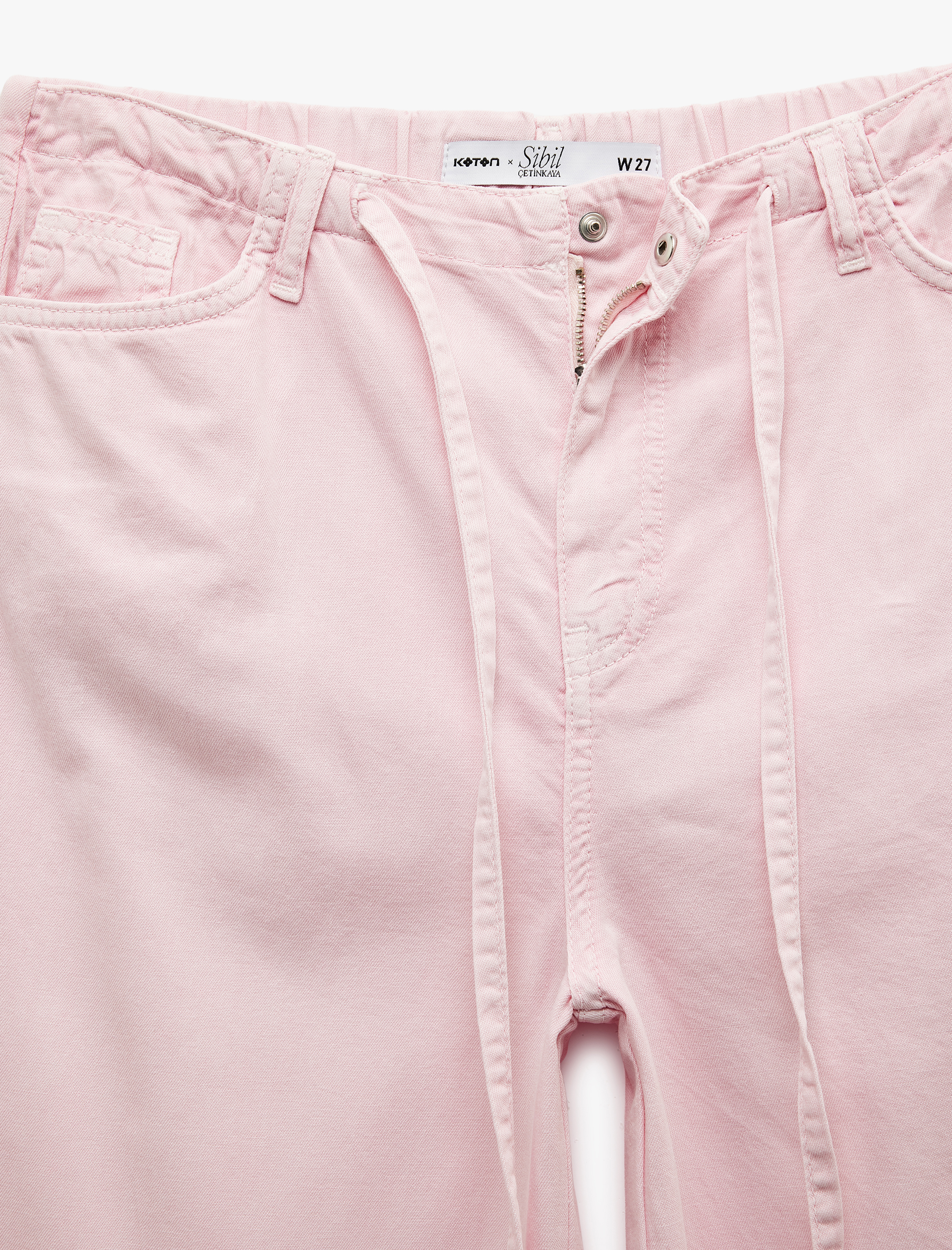   Koton X Sibil Çetinkaya - Beli Bağcıklı Pamuklu Düz Paça Cepli Pantolon - Loose Straight Fit Jeans