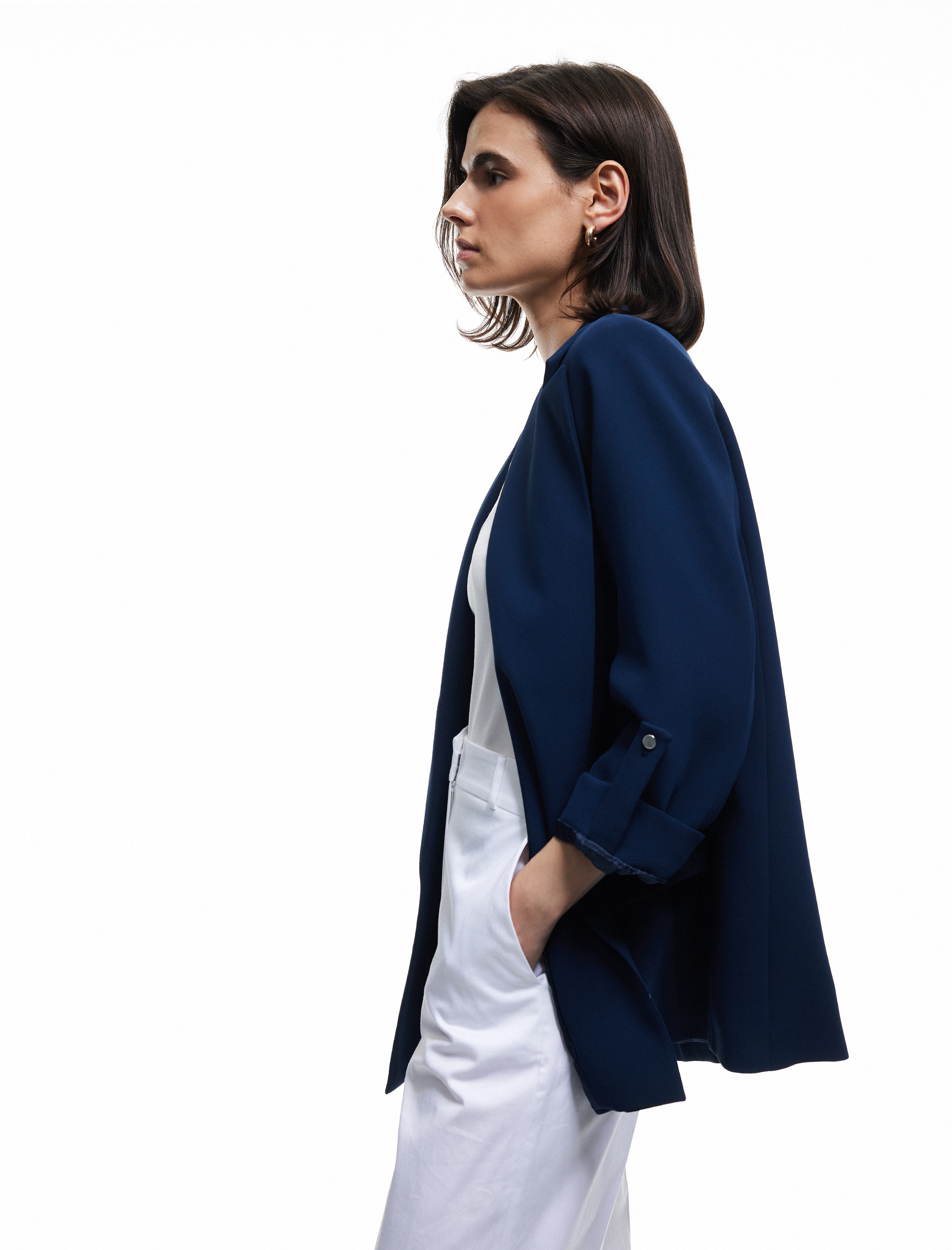   Şal Yaka Kıvırmalı 3/4 Kol Detaylı Cepli Oversize Blazer Ceket