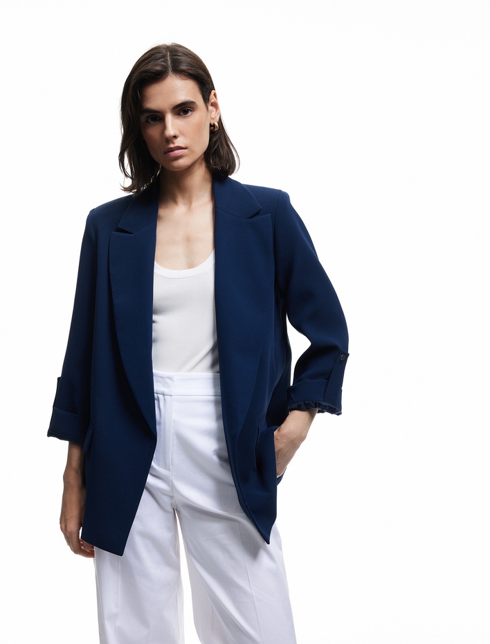  Şal Yaka Kıvırmalı 3/4 Kol Detaylı Cepli Oversize Blazer Ceket