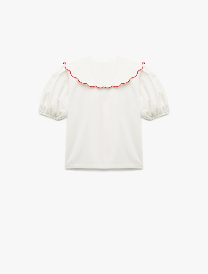  Pamuklu Kısa Balon Kollu İşleme Detaylı Çiçekli Bebe Yaka Gömlek